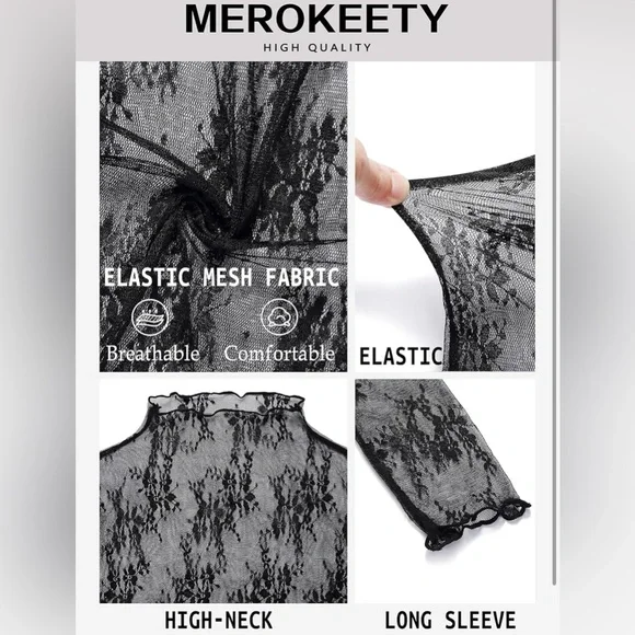 Black Sheer Lace Embroidered Mock Neck Mesh, Long Sleeve Floral Top - Picture 3 of 10